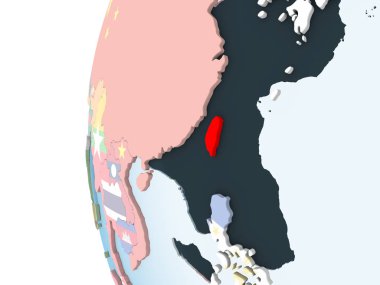 Tayvan katıştırılmış bayrak ile parlak siyasi dünya üzerinde. 3D çizim.