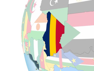 Chad katıştırılmış bayrak ile parlak siyasi dünya üzerinde. 3D çizim.