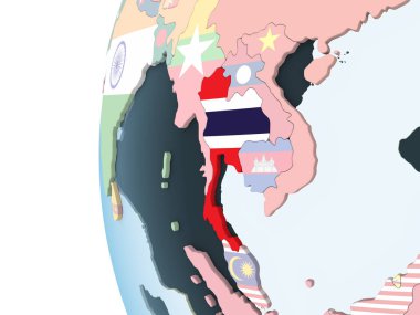 Tayland katıştırılmış bayrak ile parlak siyasi dünya üzerinde. 3D çizim.