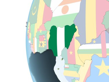 Nijerya katıştırılmış bayrak ile parlak siyasi dünya üzerinde. 3D çizim.