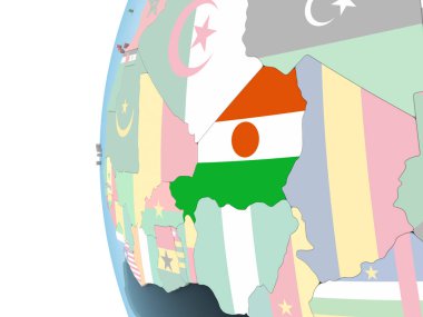 Nijer katıştırılmış bayrak ile parlak siyasi dünya üzerinde. 3D çizim.