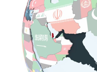 Katar katıştırılmış bayrak ile parlak siyasi dünya üzerinde. 3D çizim.