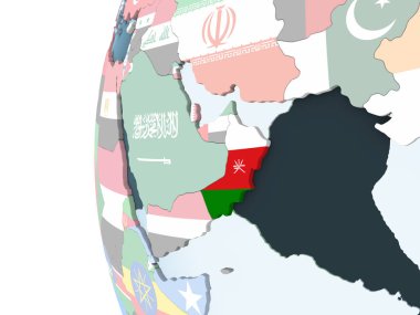 Umman katıştırılmış bayrak ile parlak siyasi dünya üzerinde. 3D çizim.