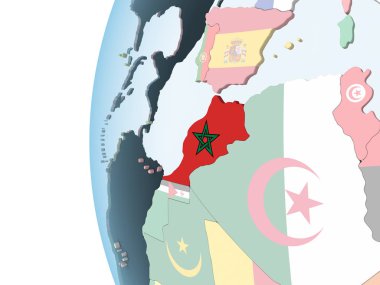 Fas katıştırılmış bayrak ile parlak siyasi dünya üzerinde. 3D çizim.