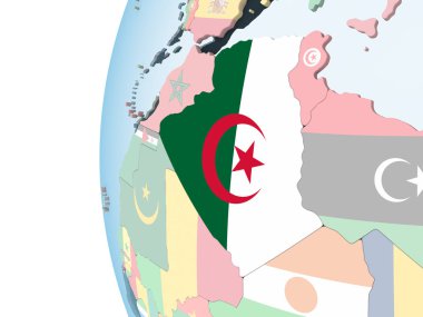 Cezayir katıştırılmış bayrak ile parlak siyasi dünya üzerinde. 3D çizim.