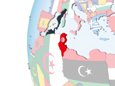 Tunus katıştırılmış bayrak ile parlak siyasi dünya üzerinde. 3D çizim.