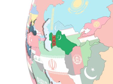 Türkmenistan katıştırılmış bayrak ile parlak siyasi dünya üzerinde. 3D çizim.