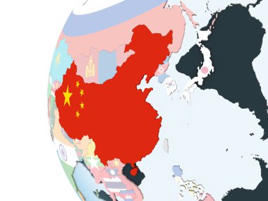 Çin katıştırılmış bayrak ile parlak siyasi dünya üzerinde. 3D çizim.