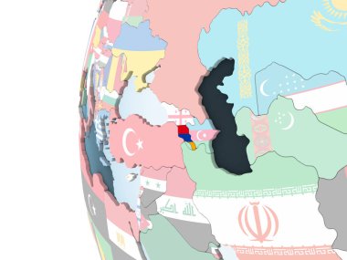Ermenistan katıştırılmış bayrak ile parlak siyasi dünya üzerinde. 3D çizim.
