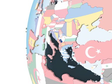 Kosova katıştırılmış bayrak ile parlak siyasi dünya üzerinde. 3D çizim.