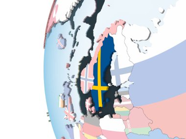 İsveç katıştırılmış bayrak ile parlak siyasi dünya üzerinde. 3D çizim.