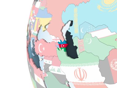 Azerbaycan katıştırılmış bayrak ile parlak siyasi dünya üzerinde. 3D çizim.