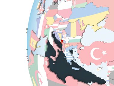 Karadağ katıştırılmış bayrak ile parlak siyasi dünya üzerinde. 3D çizim.