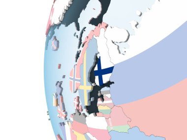 Finlandiya katıştırılmış bayrak ile parlak siyasi dünya üzerinde. 3D çizim.