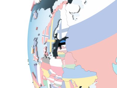 Estonya katıştırılmış bayrak ile parlak siyasi dünya üzerinde. 3D çizim.