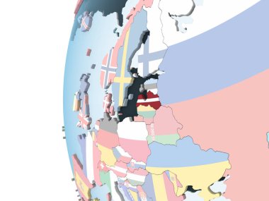 Letonya katıştırılmış bayrak ile parlak siyasi dünya üzerinde. 3D çizim.