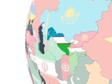 Özbekistan katıştırılmış bayrak ile parlak siyasi dünya üzerinde. 3D çizim.