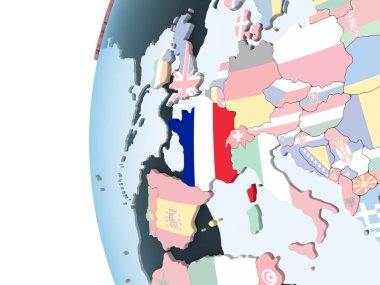 Fransa katıştırılmış bayrak ile parlak siyasi dünya üzerinde. 3D çizim.