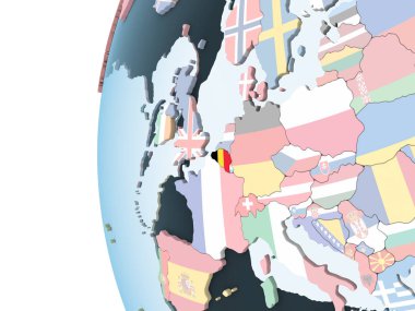 Belçika katıştırılmış bayrak ile parlak siyasi dünya üzerinde. 3D çizim.
