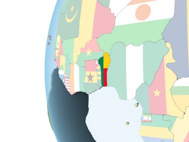 Benin katıştırılmış bayrak ile parlak siyasi dünya üzerinde. 3D çizim.
