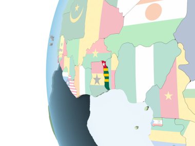 Togo katıştırılmış bayrak ile parlak siyasi dünya üzerinde. 3D çizim.