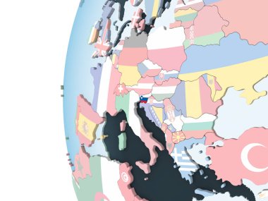 Slovenya katıştırılmış bayrak ile parlak siyasi dünya üzerinde. 3D çizim.