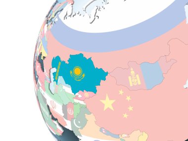Kazakistan katıştırılmış bayrak ile parlak siyasi dünya üzerinde. 3D çizim.