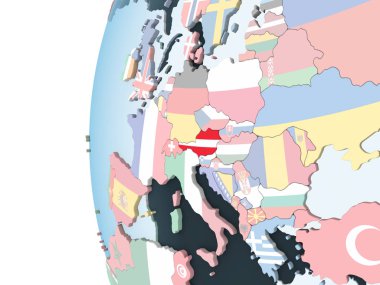 Avusturya katıştırılmış bayrak ile parlak siyasi dünya üzerinde. 3D çizim.