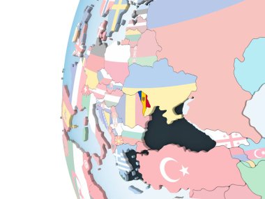Moldova katıştırılmış bayrak ile parlak siyasi dünya üzerinde. 3D çizim.