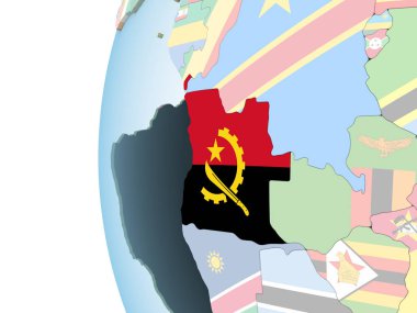 Angola katıştırılmış bayrak ile parlak siyasi dünya üzerinde. 3D çizim.