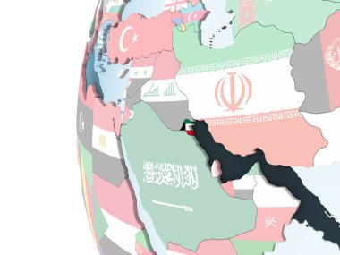 Kuveyt katıştırılmış bayrak ile parlak siyasi dünya üzerinde. 3D çizim.