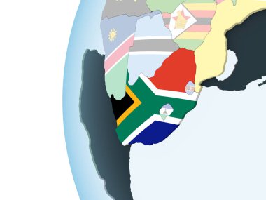 Güney Afrika katıştırılmış bayrak ile parlak siyasi dünya üzerinde. 3D çizim.