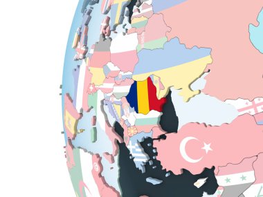 Romanya katıştırılmış bayrak ile parlak siyasi dünya üzerinde. 3D çizim.