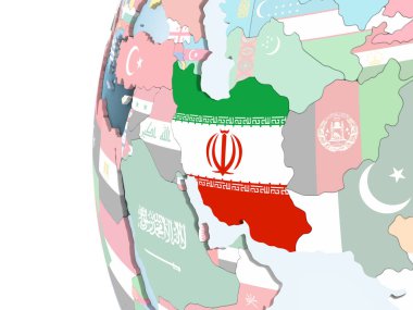 Iran katıştırılmış bayrak ile parlak siyasi dünya üzerinde. 3D çizim.