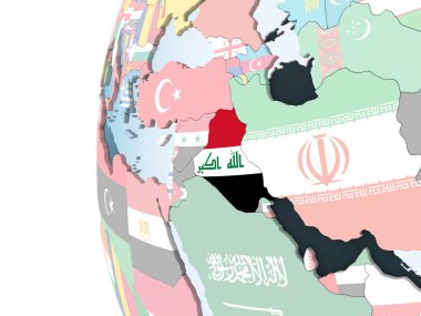 Irak katıştırılmış bayrak ile parlak siyasi dünya üzerinde. 3D çizim.