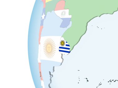 Uruguay katıştırılmış bayrak ile parlak siyasi dünya üzerinde. 3D çizim.
