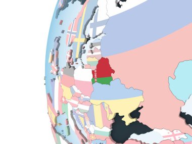 Beyaz Rusya katıştırılmış bayrak ile parlak siyasi dünya üzerinde. 3D çizim.