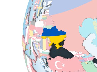 Ukrayna katıştırılmış bayrak ile parlak siyasi dünya üzerinde. 3D çizim.