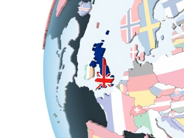 Katıştırılmış bayrak ile parlak siyasi dünya üzerinde İngiltere. 3D çizim.