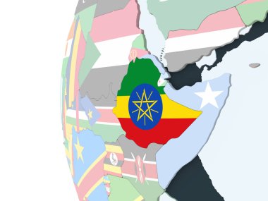 Etiyopya katıştırılmış bayrak ile parlak siyasi dünya üzerinde. 3D çizim.