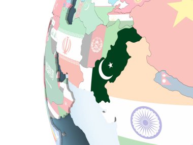 Pakistan katıştırılmış bayrak ile parlak siyasi dünya üzerinde. 3D çizim.