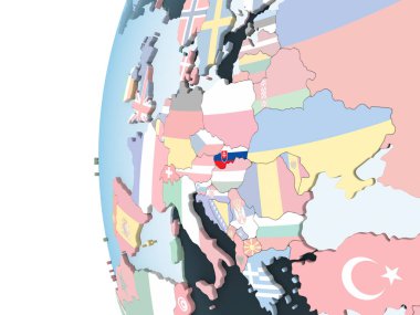 Slovakya katıştırılmış bayrak ile parlak siyasi dünya üzerinde. 3D çizim.