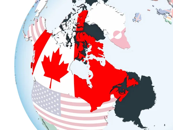 Kanada Katıştırılmış Bayrak Ile Parlak Siyasi Dünya Üzerinde Çizim — Stok fotoğraf