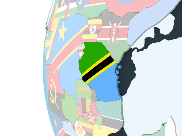 Tanzanie Jasné Politické Globe Vloženými Vlajky Obrázek — Stock fotografie