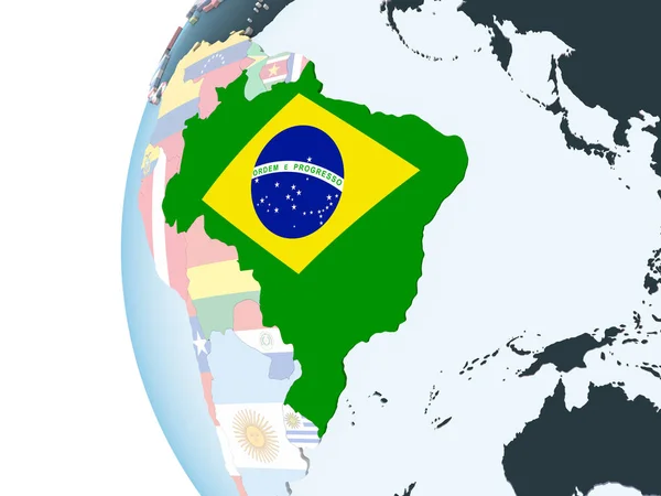 Brazilië Heldere Politieke Wereldbol Met Ingesloten Vlag Illustratie — Stockfoto
