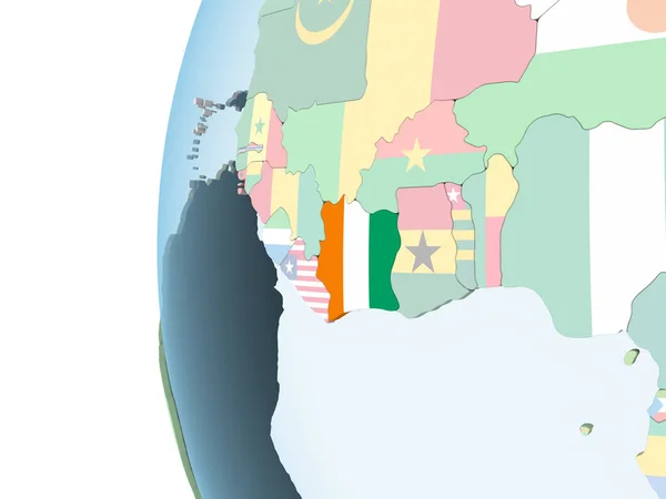 Wybrzeże Kości Słoniowej Jasne Globus Polityczny Flagą Osadzonych Ilustracja — Zdjęcie stockowe