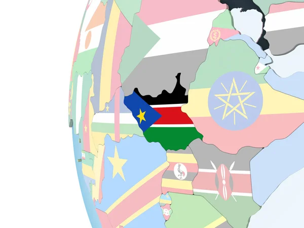 Sud Sudan Luminoso Globo Politico Con Bandiera Incorporata Illustrazione — Foto Stock