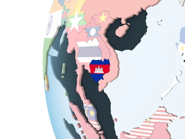 Camboja Globo Político Brilhante Com Bandeira Embutida Ilustração — Fotografia de Stock