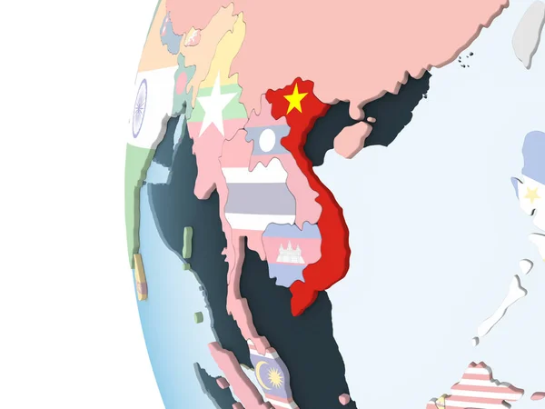 Vietnam Auf Einem Hellen Politischen Globus Mit Eingebetteter Flagge Illustration — Stockfoto