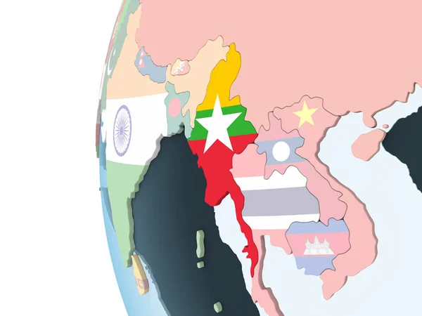 Myanmar Brillante Globo Político Con Bandera Incrustada Ilustración —  Fotos de Stock